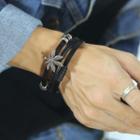 Leaf Alloy Leather Layered Bracelet 1410 - Black & Silver - One Size