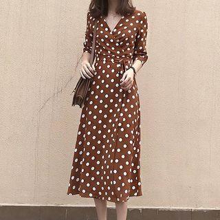 Elbow-sleeve Dots Lace-up Dress