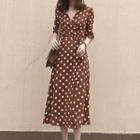 Elbow-sleeve Dots Lace-up Dress