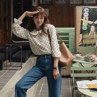 Round-collar Polka-dot Blouse Ivory - One Size