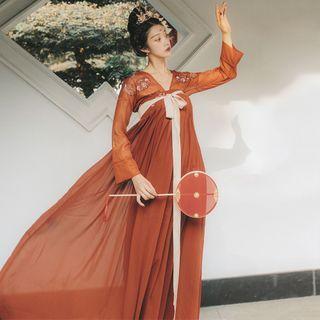 Flower Embroidered Hanfu Blouse / Beaded Long Light Jacket / Maxi A-line Dress / Set