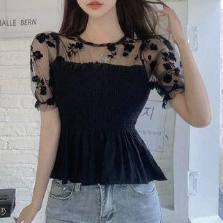 Short-sleeve Floral Embroidered Mesh Shirred Peplum Top Black - One Size