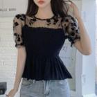 Short-sleeve Floral Embroidered Mesh Shirred Peplum Top Black - One Size