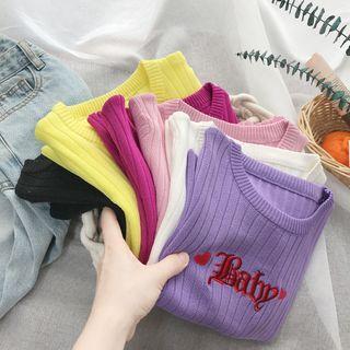 Letter Embroidered Short-sleeve Knit Cropped Top