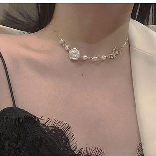 Faux Pearl Floral Bow Necklace Gold - One Size