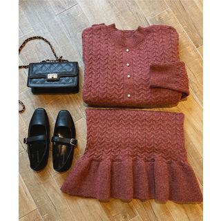 Set: Faux-pearl Trim Cable-knit Top + Ruffle-hem Skirt Pink - One Size