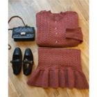 Set: Faux-pearl Trim Cable-knit Top + Ruffle-hem Skirt Pink - One Size