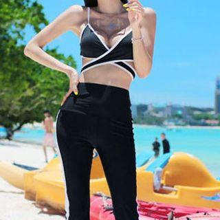 Set: Contrast Trim Bikini Top + Two-tone Pants
