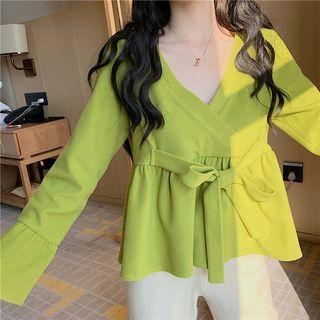 Long-sleeve Tie-waist Plain Top Avocado - One Size