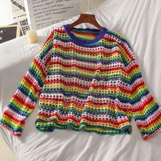 Striped Pointelle Knit Sweater Stripe - Red & Blue & Yellow - One Size