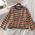 Striped Pointelle Knit Sweater Stripe - Red & Blue & Yellow - One Size