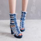 Perforated Denim Chunky Heel Short Boots