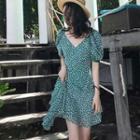 Puff Sleeve V-neck Floral A-line Dress