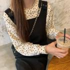 Long-sleeve Dotted Blouse / Plain Midi A-line Overall Dress