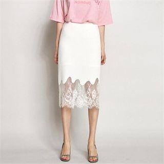 Elasticized-waist Lace Pencil Skirt