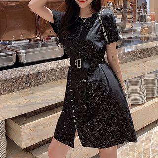 Glitter Tie-waist Short-sleeve T-shirt Dress