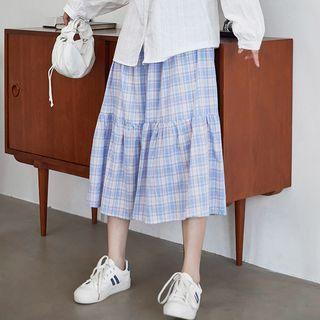 Plaid Midi A-lne Skirt Blue - One Size