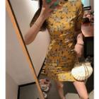 Mandarin Collar Floral Short-sleeve Mini A-line Dress