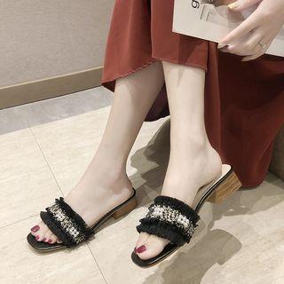 Tweed Strap Fringed Block Heel Slide Sandals