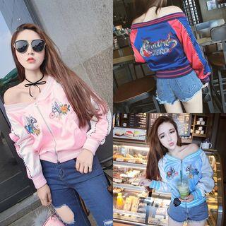 Off-shoulder Contrast Trim Embroidered Zipper Baseball Jacket