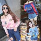 Off-shoulder Contrast Trim Embroidered Zipper Baseball Jacket