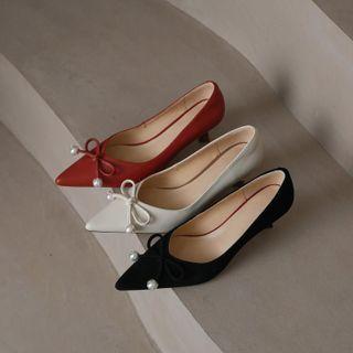 Flared Heel Faux Pearl Bow Pumps