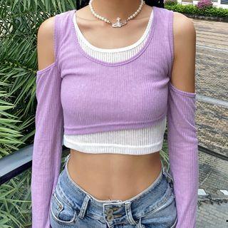 Long-sleeve Cold Shoulder Paneled T-shirt