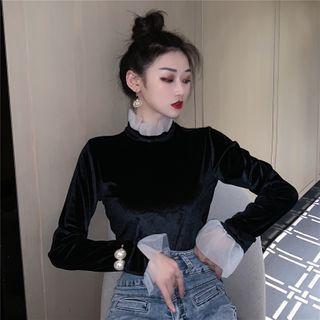 Mesh-cuff Velvet Blouse White Mesh Neck - Black - One Size