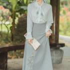 Puff-sleeve Floral Embroidered Blouse / Lace Trim Vest / Floral Embroidered Midi A-line Skirt / Set