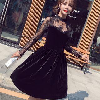 Lace Long-sleeve Velvet A-line Party Dress