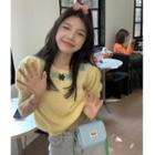 Puff-sleeve Flower Embroidered Knit Top Yellow - One Size