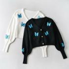 V-neck Butterfly Embroidered Cropped Cardigan