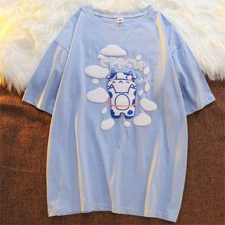 Elbow-sleeve Cow Printed T-shirt