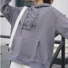 Long-sleeve Hooded Print Loose-fit Top Dark Gray - One Size