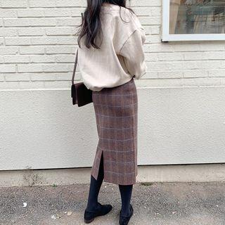 Slit-back Checked H-line Long Skirt Dark Brown - One Size