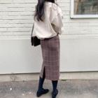 Slit-back Checked H-line Long Skirt Dark Brown - One Size