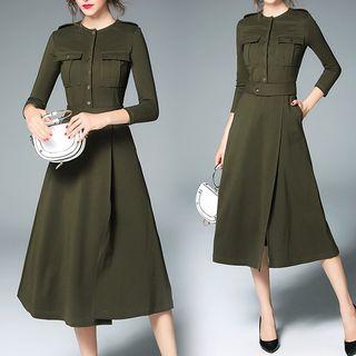 Long-sleeved Slit-front Tie-waist Crewneck A-line Long Dress