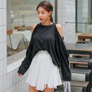 Long-sleeve Cold Shoulder T-shirt Black - One Size