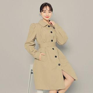 Puff-sleeve Single-breasted Trench Coat With Sash