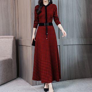 Long-sleeve Maxi A-line Plaid Dress