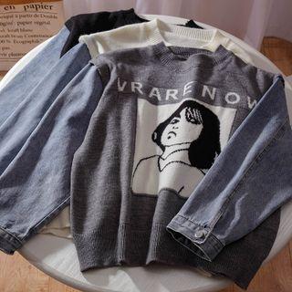 Mock Two-piece Denim Panel Cartoon Print Sweater