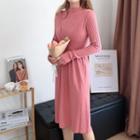 Mock Two-piece Tie-waist Knit Midi A-line Dress