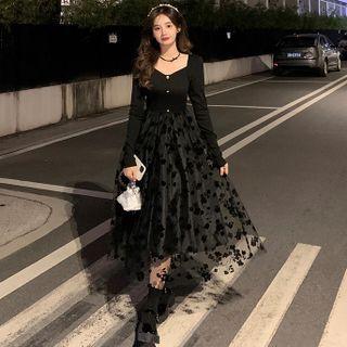 Square Neck Mesh Panel Knit Dress