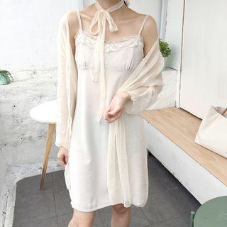 Lace Trim Spaghetti Strap Dress / Plain Sheer Long Cardigan