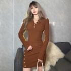 Long-sleeve Cold-shoulder Button Detail Mini Sheath Dress