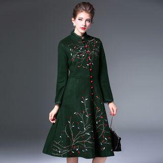 Embroidered Button Down A-line Midi Dress