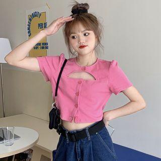 Short-sleeve Cutout Button-up Crop Top Pink - One Size