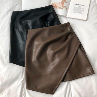 Plain Asymmetric High-waist Faux-leather Skirt
