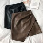 Plain Asymmetric High-waist Faux-leather Skirt