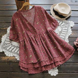 Elbow-sleeve Lace Trim Floral Top